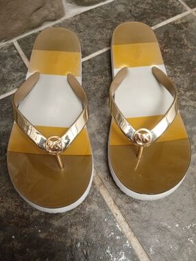 Michael Kors Gold and White Logo Thong Sandals